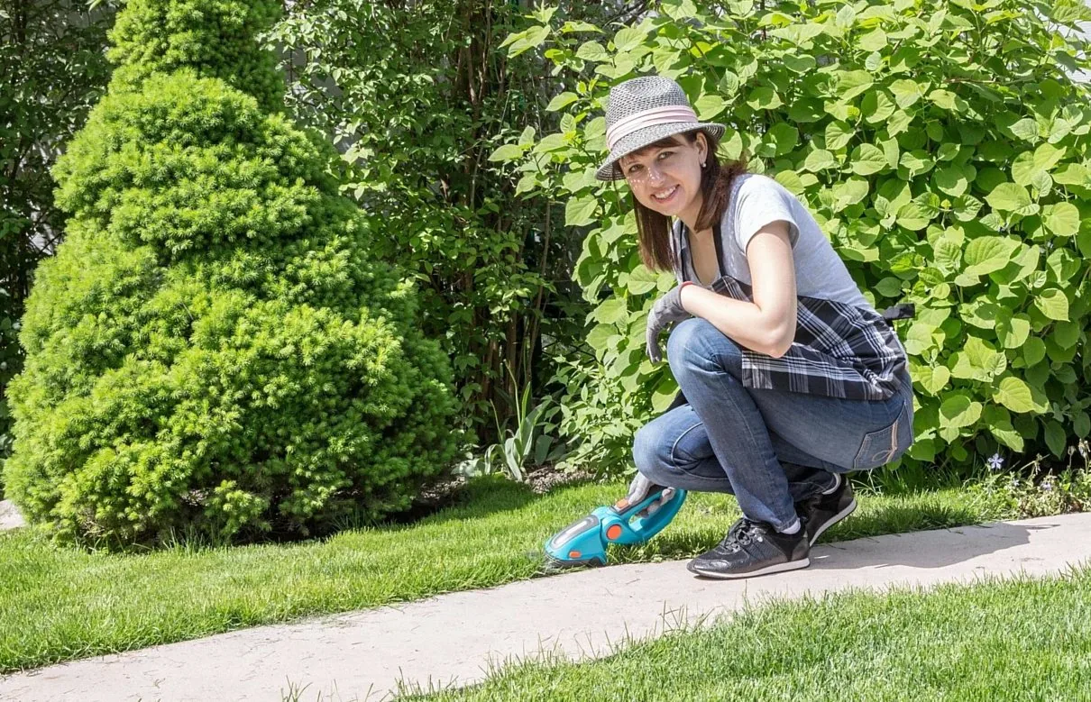 woman, florist, gardener, apron, clipper, house, outdoors, working, adult, backyard, bush, business, caucasian, cutting,